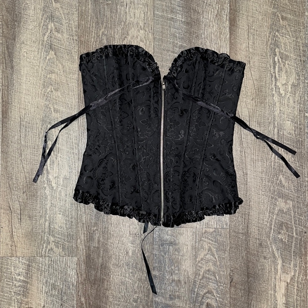 Sexy Large Black Corset front zipper, long
